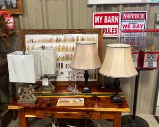 Cedar table, lamps