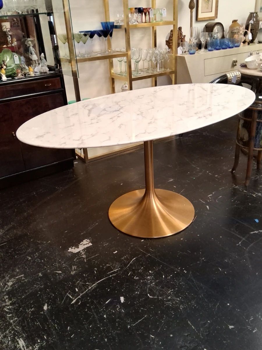 Oval MarbleTop Tulip Dining Table with Brass Pedestal Base