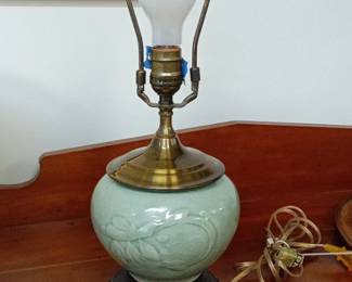 Vintage Marbro Celadon Glazed Table Lamp with Carved Floral Motif