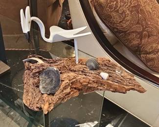White Metal Bird on Natural Driftwood Sculpture with Seashell Accents