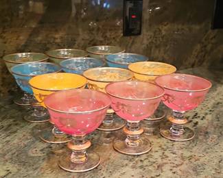 Vintage Multicolored VenetianStyle Glass Cocktail Coupes with Gold Ribbon and Garland Motif