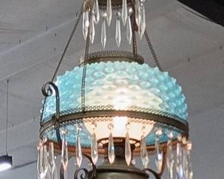 Victorian Enameled Glass Oil Lamp Chandelier with Crystal Prisms