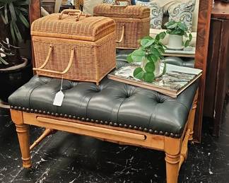 Tufted Leather Ottoman with Turned Wood Base