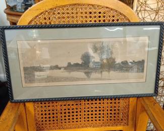 Etching of a Riverside Village Scene by Charles Frederick William Mielatz