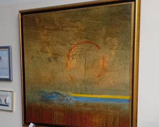 Abstract Landscape Painting with Red Circle