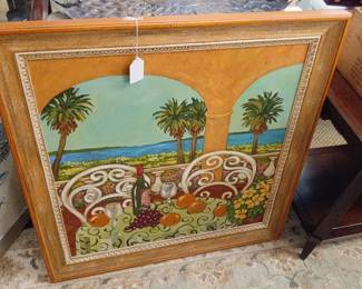 Italian Coastal Scene Painting with Wine and Fruit
