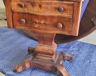 Antique American Empire Flame Mahogany TwoDrawer Drop Leaf Work Table or Nightstand