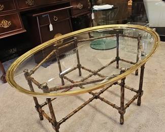 Vintage Baker Faux Bamboo Brass and Glass Oval Coffee Table