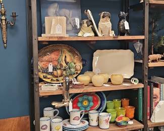Assorted Woven Placemats, Ceramic Tableware, and Pug Dog Sculptures