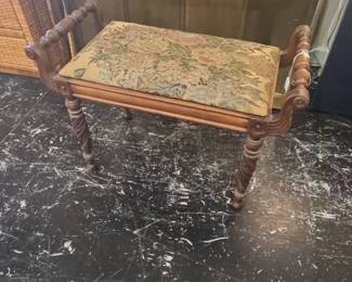 Vintage French Country Style Carved Wood Tapestry Bench