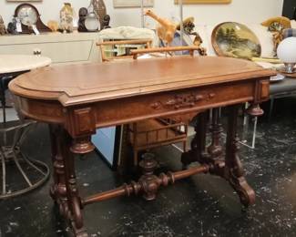 th Century NeoRenaissance Walnut Library Table with Tooled Leather Top