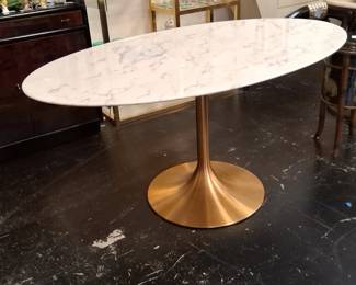 Oval MarbleTop Tulip Dining Table with Brass Pedestal Base