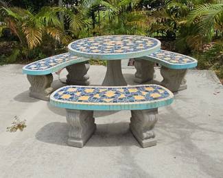 Mosaic Tile Concrete Garden Table and Bench Set Talavera Style