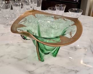 Vintage Green Glass Console Bowl with Gilt Trim and ThreeFooted Base