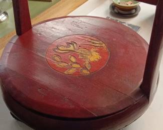 Antique Chinese Red Lacquer Carved Wood Wedding Basket