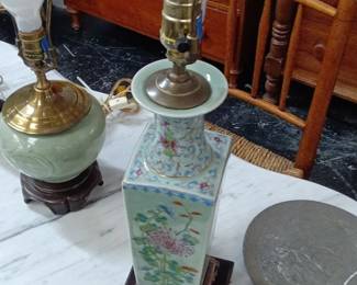 Chinese Famille Rose Porcelain Square Table Lamp set of
