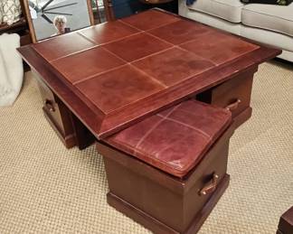 Mulholland Brothers LeatherTop Coffee Table with Nesting Ottomans