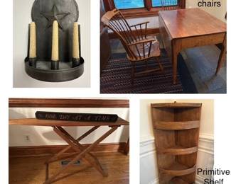 Primitive Shelf, Sconce, table and chairs
