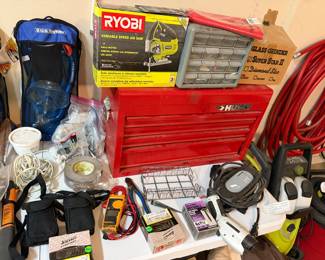 Husky red metal tool box | Ryobi jigsaw with box | Extension cords | Snorkeling Gear