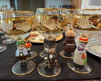 vintage Goebel Hummel figural stem wine glasses - Germany 