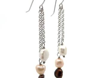 6-7mm Freshwater Pearl Pink, White & Chocolate Fringe Chain Chandelier Earrings