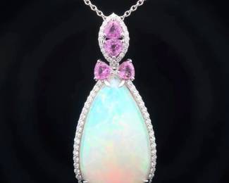 41.84 Carat Natural Opal & Pink Sapphire Diamond Pendant Necklace in Platinum