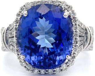 9.18 Carat Natural Tanzanite & 0.88 Carat Diamond 14K White Gold Ring