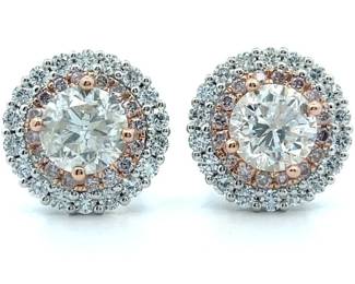 2.90 Carat Natural Diamond & RARE Fancy Light Pink Diamond Earrings in 18K Two-Tone Gold