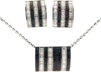 3.68 Carat Natural White & Fancy Black Diamond Pendant Necklace & Earrings Set in 18K White Gold