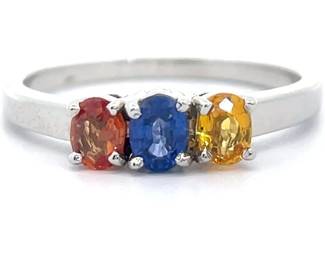 Oval Cut Natural Red, Yellow & Blue Sapphire Three-Stone Ring