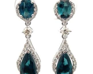 2.77 Carat Natural Indicolite Tourmaline & 0.54 Carat Natural Diamond Drop Earrings in Platinum
