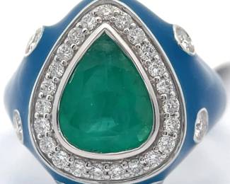 2.08 Carat Natural Emerald & 0.56 Carat Natural Diamond Blue Enamel Ring in 18K White Gold