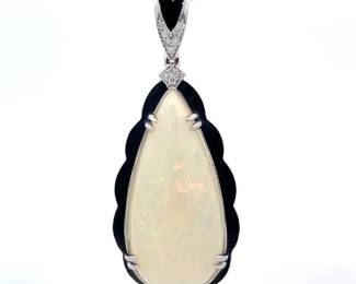 25.13 Carat Natural Opal, Natural Diamond & Black Enamel Pendant Necklace in Platinum