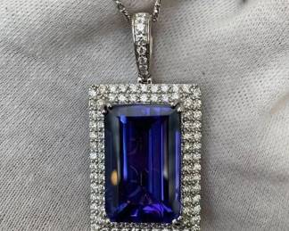 25.80 Carat GIA Certified Natural Tanzanite & 2.15 Carat Diamond 18K White Gold Pendant Necklace