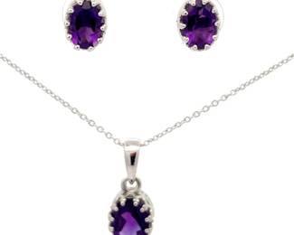 Oval Cut Natural Amethyst Stud & Pendant Necklace 2-Piece Set
