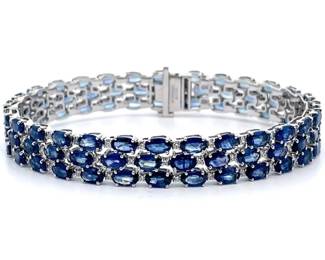 22.19 Carat Natural Blue Sapphire & 0.91 Carat Diamond Bracelet in 14K White Gold