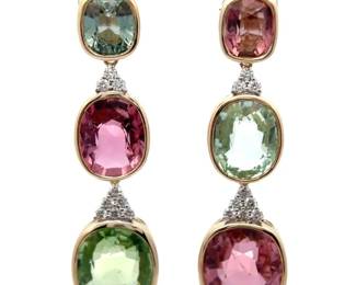 22.15 Carat Natural Rubellite & Green Tourmaline Diamond Drop Earrings in 14K Two-Tone Gold