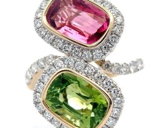 5.94 Carat Natural Rubellite & Green Tourmaline Diamond Ring in 14K Two-Tone Gold