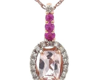 NEW! Natural Ruby, Morganite & Diamond Oval Halo Drop Pendant Necklace in Rose Gold
