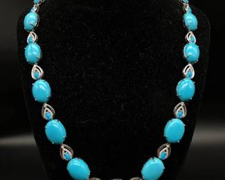 Oscar Friedman 106.35 Carat Natural Turquoise & 1.12 Carat Natural Diamond Necklace in 14K White Gold