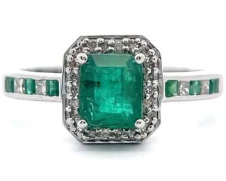 Natural Emerald & Natural Diamond Geometric Halo Channel Ring