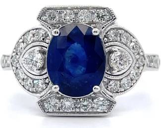 2.94 Carat Natural Blue Sapphire & 0.69 Carat Natural Diamond Platinum Ring w/ GIA Report