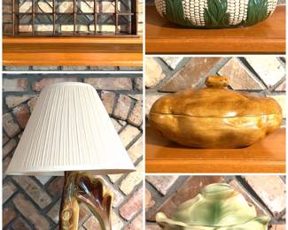 A collection of vintage ceramic corn- and vegetable-themed tableware items, including a lidded corn-patterned server, a yellow and green corn-shaped lidded casserole dish, a cabbage-shaped bowl, and a table lamp with a ceramic base