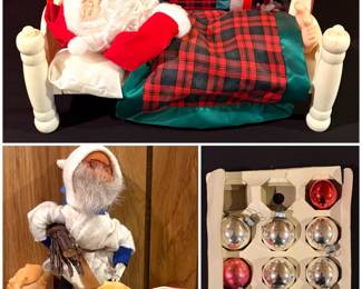 a vintage animated sleeping Santa figurine,  cherubs figurines, Santa mug, vintage Santa and a collection of vintage glass ball ornaments.