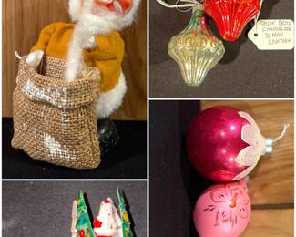a vintage mid-century Santa Claus figure,  a vintage mid-century tin litho spinning Christmas tree and Santa push spinner toy made in Japan. Collection of bumpy chandelier Shiny Brite ornaments and a collection of vintage glass ornaments. 