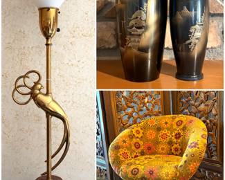 a vintage mid-century brass table lamp featuring a stylized bird sculpture and a round wooden base, a pair of vintage Japanese mixed-metal/ Chokin-style etched black and gold vases. And a retro floral mid-century modern swivel upholstered floral armchair 
