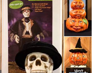 a vintage Gemmy 5-foot Life-Size Singing & Dancing Tuxedo Skeleton Halloween animatronic. a decorative stacked pumpkin figurine and a a stacked jack-o'-lantern Halloween decoration with a witch's hat. 