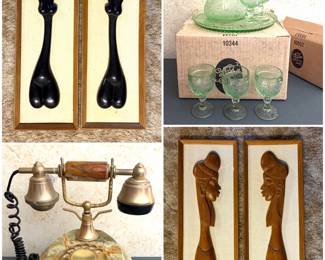 a pair of vintage mid-century black wall-mounted plaques, a a vintage Italian marble and onyx rotary telephone with gold-plated or brass accents, a vintage Indiana Glass Tiara Chantilly Green Sandwich glass decanter set, and a pair of vintage, hand-carved wooden wall plaques 