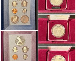 a 1984 Los Angeles Olympic Commemorative Coin Set and U.S. Mint Prestige Proof Set in its original packaging. 