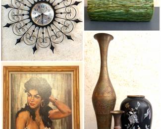 vintage mid-century modern black wrought iron starburst wall clock, vintage mid-century framed print titled "Ilonka," ceramic planter and two trolls. And a collection of brass vases and ceramic decorative planter. 